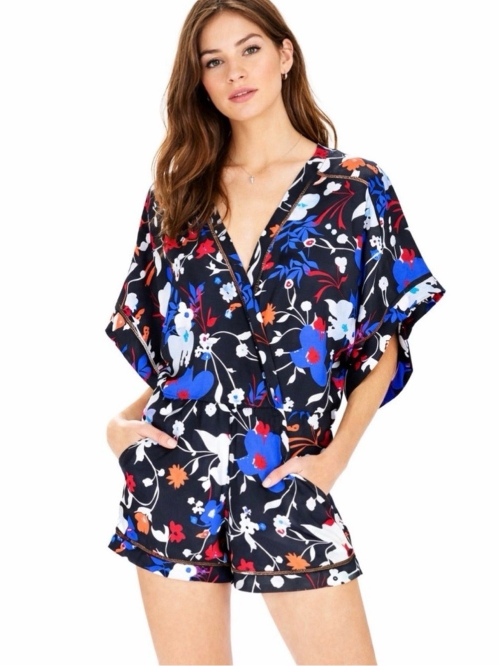 Parker Barry 100% Silk Black Floral V-Neck Romper with Blue, White & Red Accents